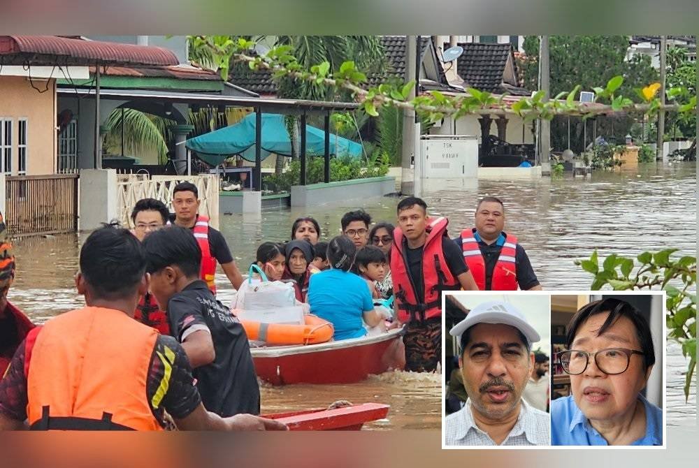 Pasukan menyelamat menggunakan bot-bot bagi membawa keluar mangsa yang terkandas dalam banjir di Arena Kepayang Putra di Ipoh. (Gambar kecil: Amaluddin, Yet Yong)