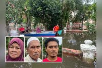 Penduduk dari Kampung Kelaboran keluar dari kawasan banjir menggunakan bot. Gambar kecil: Mariam, Yahya, Ismail