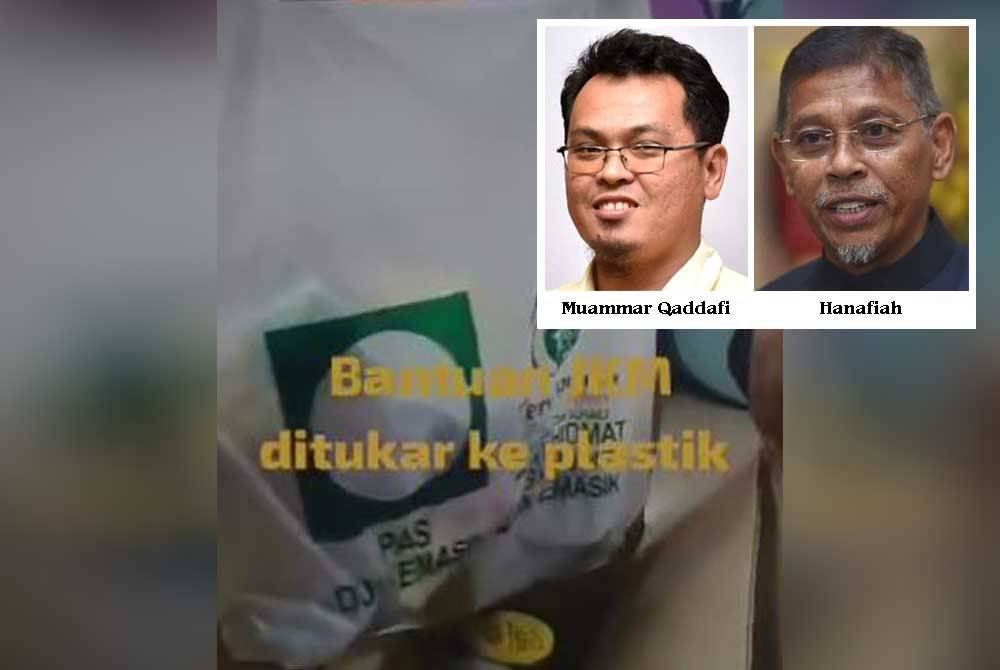 Tangkap layar rakaman video yang tular mengenai barang bantuan JKM ditukar ke dalam plastik mempunyai logo Pas DUN Kemasik.