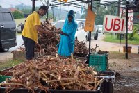 Pelanggan membeli ubi kayu yang dijual di kedai Annuar Al Shadat Kadi yang menjual pelbagai jenis ubi di kedainya yang terletak berhampiran Jalan Bukit Besi. Foto Bernama