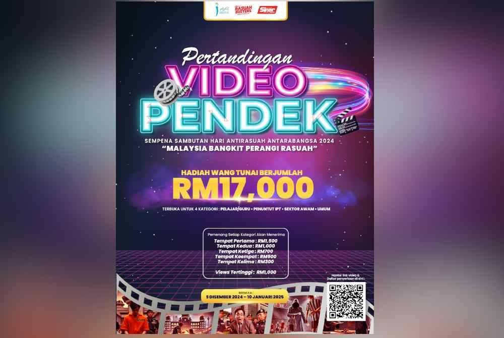 Pertandingan video pendek sempena Hari Antirasuah Antarabangsa 2024 dibuka kepada empat kategori iaitu guru atau murid, pelajar IPT, sektor awam dan umum.