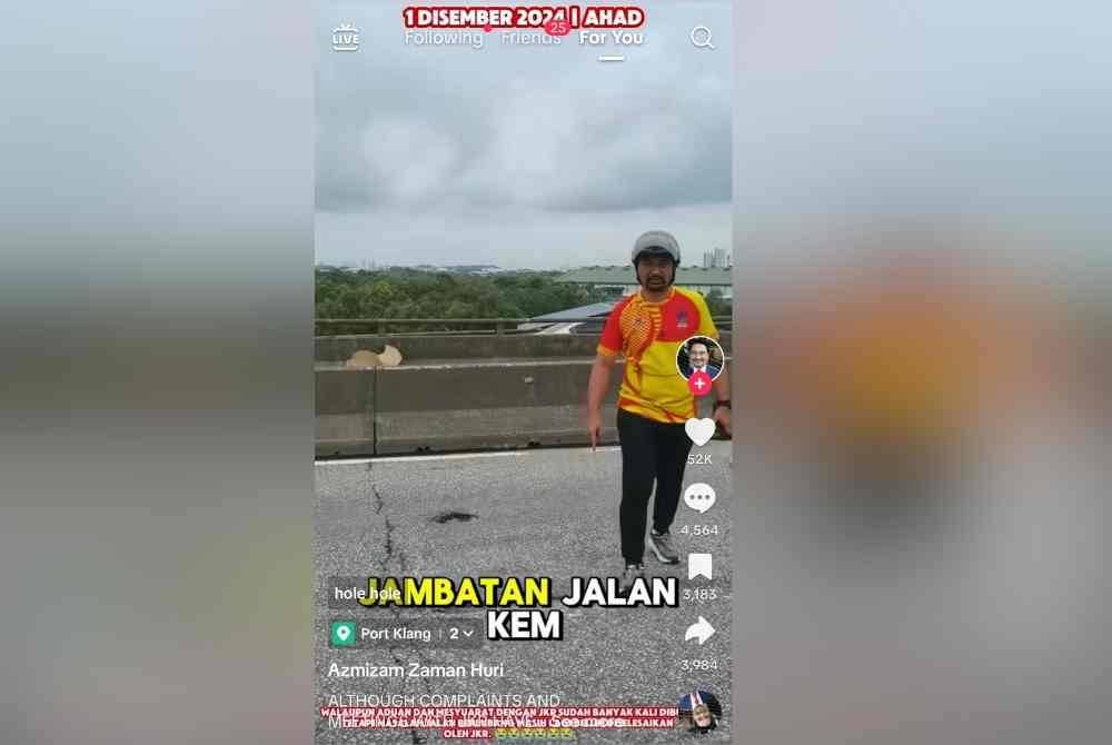 Azmizam memuat naik aduannya di TikTok berhubung keadaan jalan rosak dan berlubang di Pelabuhan Klang pada Ahad lalu.