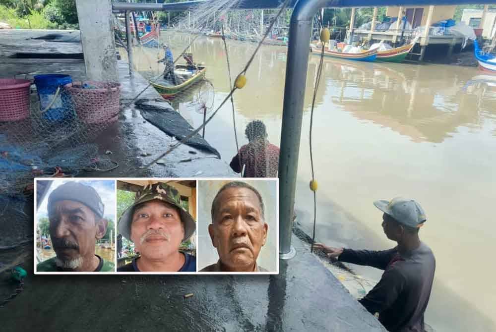 Nelayan kecil membersihkan pukat mereka selepas pulang dari laut di Jeti Pendaratan Ikan Kampung Seberang Kota, Kuala Kedah. Gambar kecil dari kiri: ISMAIL, MUNIZ, dan CHE ANI