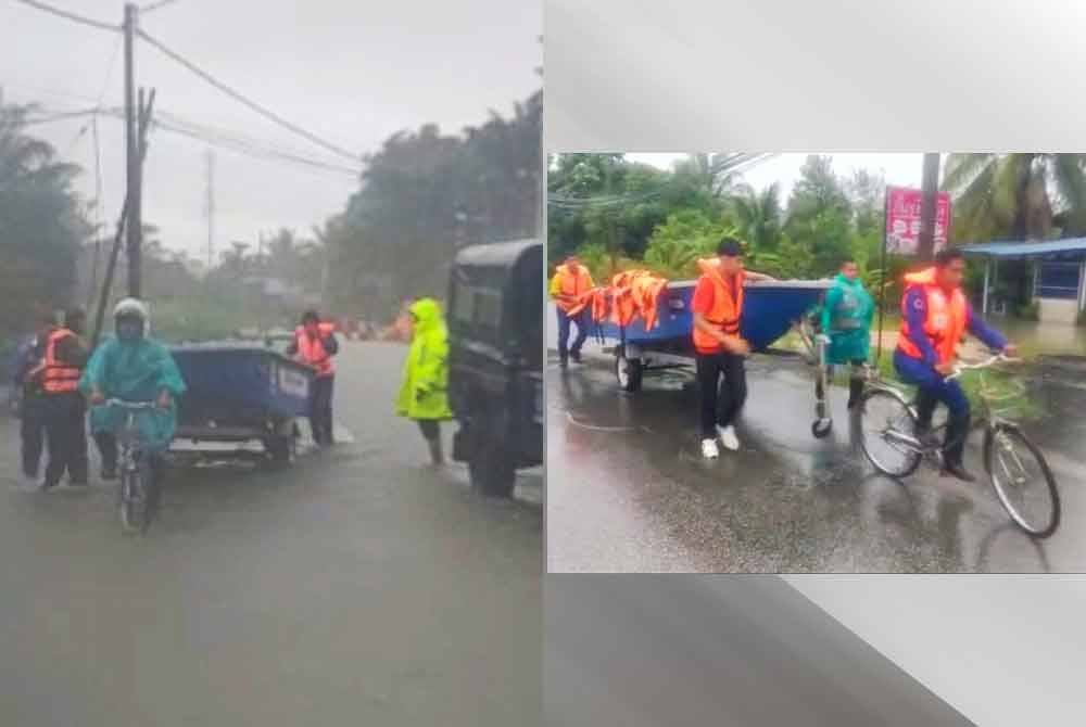 Anggota APM Pasir Puteh bergilir-gilir mengayuh basikal dan menolak bot bagi memastikan kerja menyelamat dapat disegerakan. Foto JPM