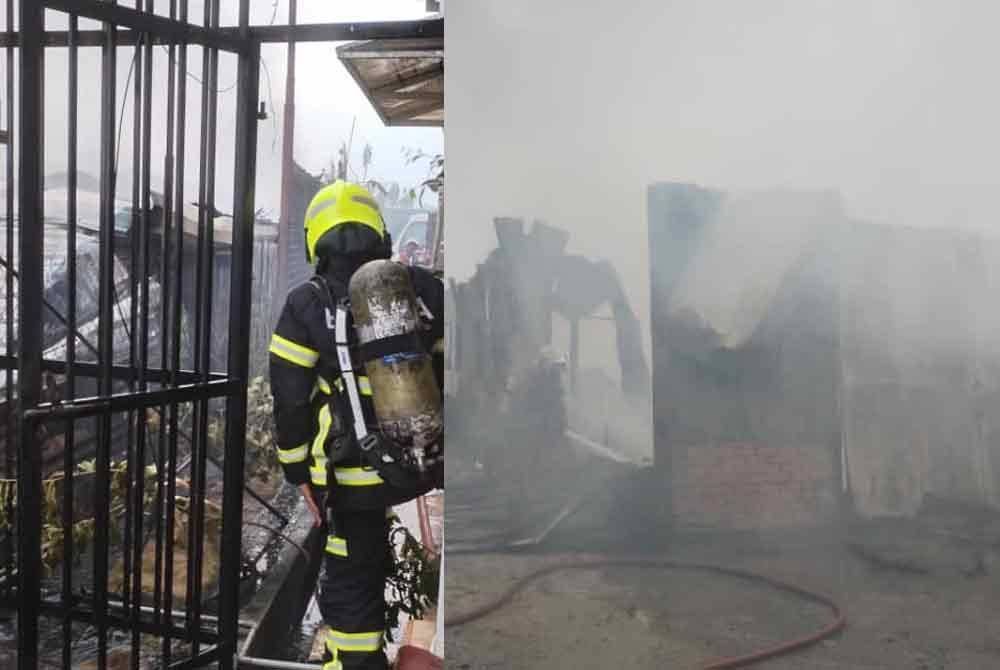 Anggota Bomba dan Penyelamat sedang memadamkan kebakaran rumah dan kedai kopi di Kampung Baru Sungai Buloh pada Rabu.