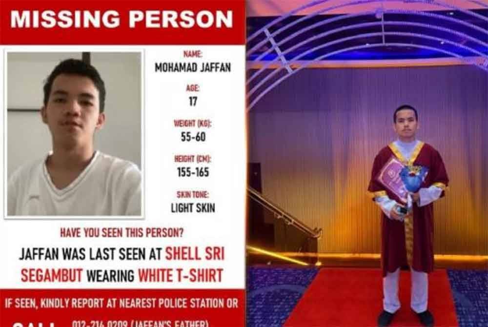 Mohamad Jaffan Al Qharezme Mohamad Jalil yang merupakan calon Sijil Pelajaran Malaysia (SPM) kali terakhir dilihat oleh rakannya di sebuah stesen minyak di Segambut.