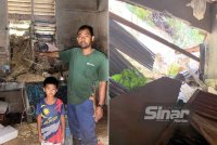 Mohd Azlan (kanan) menunjukkan bahagian dapur yang terkena runtuhan. Gambar kanan: Melihat kepada keadaan sekarang rumah mereka sudah tidak selamat untuk didiami dan menunggu kehadiran pihak berkuasa untuk mengambil langkah seterusnya. -FOTO: SINAR HARIAN-HAZELEN LIANA KAMARUDIN