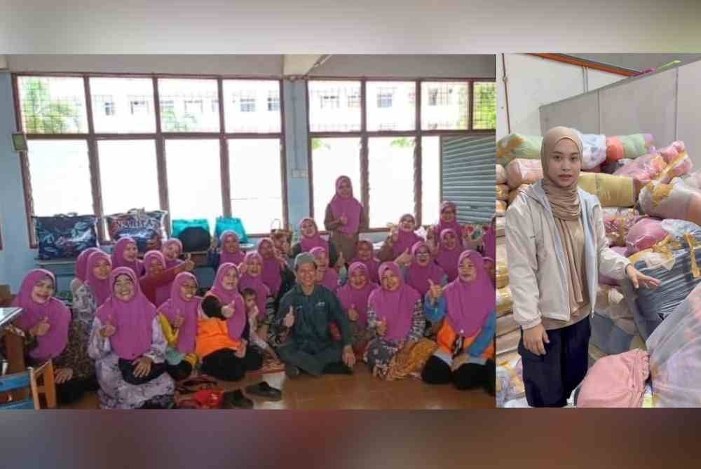 Chefiza menunjukkan tudung dari kilang yang diagihkan kepada mangsa banjir.