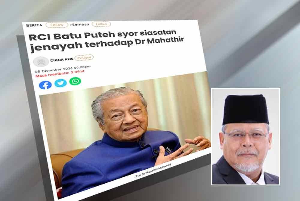 Laporan Sinar Harian berhubung RCI Batu Puteh syor siasatan jenayah terhadap Dr Mahathir. Gambar kecil: Aminolhuda