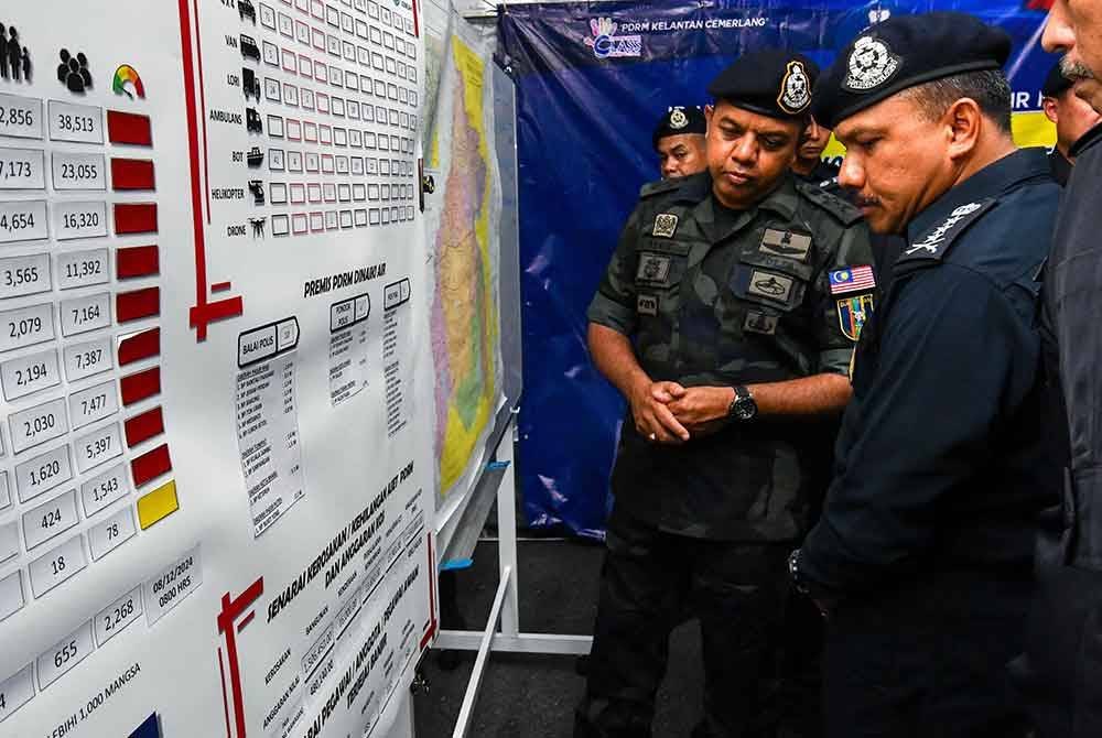 Ayob Khan (dua, kanan) mendengar penerangan daripada Mohd Yusoff (kanan) berkaitan kawasan terjejas banjir ketika mengadakan lawatan ke Balai Polis Repek pada Ahad. Foto Bernama