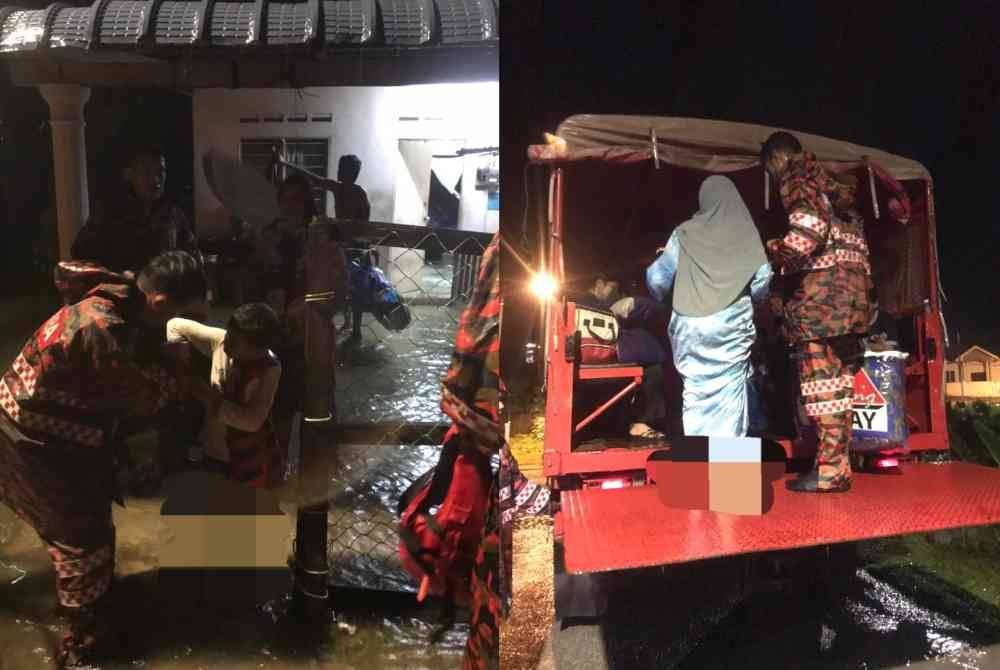 Anggota bomba dari Balai Bomba dan Penyelamat Kerteh menyelamatkan mangsa banjir untuk dipindahkan ke PPS SK Kemasik. Foto Bomba Terengganu