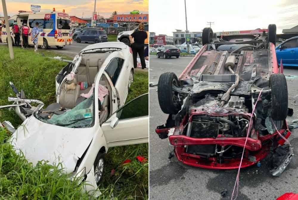 Keadaan kereta Totoya Cambry dan Perodua Myvi selepas terlibat kemalangan di Jalan Lintas, Kota Kinabalu pada Selasa.