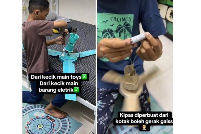 Tangkap layar hantaran di TikTok @matunnaa menunjukkan Muhammad Daim membaiki kipas dan kotak.