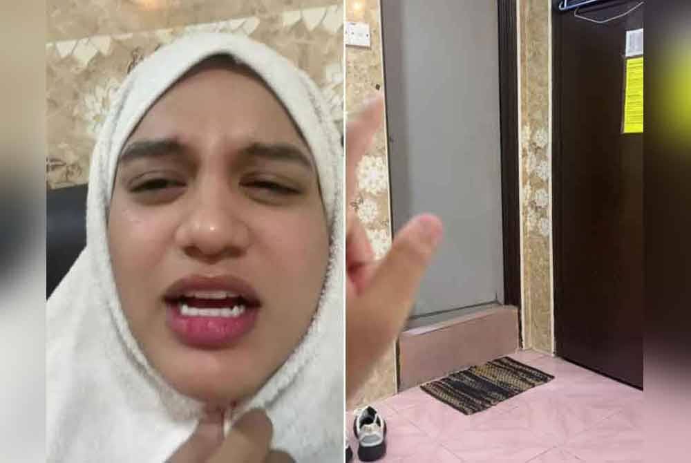 Tangkap layar video Nurnazrah yang menunjukkan kedudukan tandas bersebelahan dengan pintu biliknya.