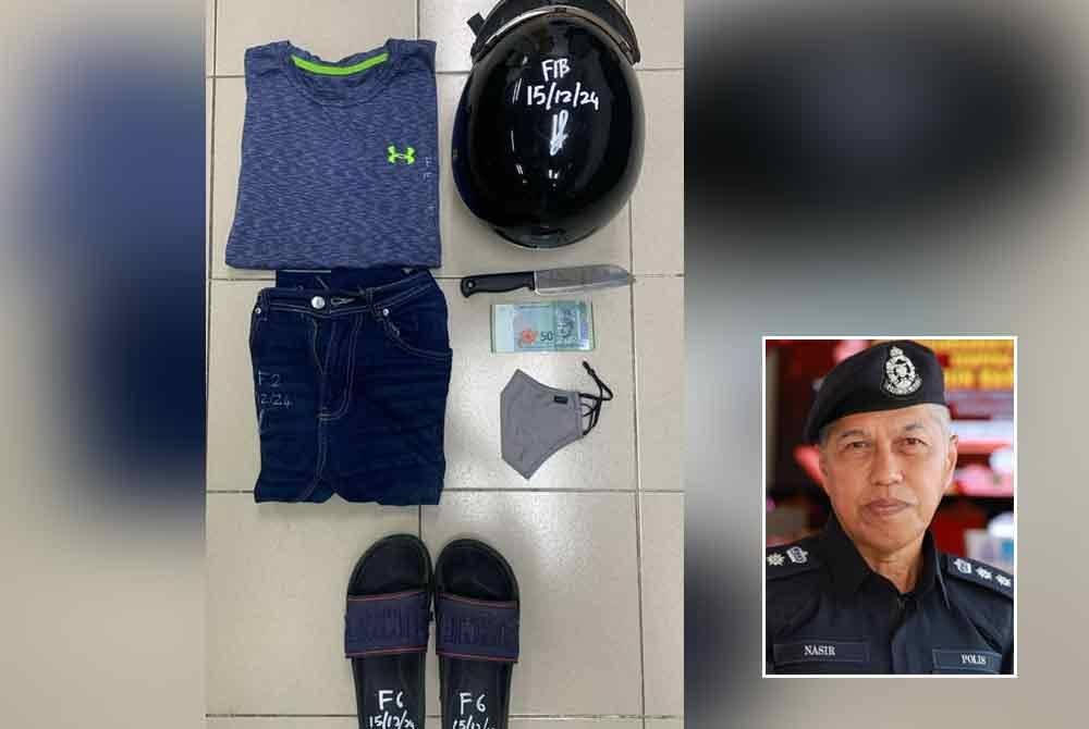 Polis merampas pelbagai barangan termasuk wang tunai yang belum sempat dihabiskan daripada suspek selepas menyamun sebuah farmasi di Taiping. Gambar kecil: Mohamad Nasir