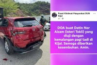 Keadaan SUV dinaiki Nor Aizam yang terlibat dalam kemalangan di pekarangan sebuah stesen minyak dekat Kemaman pada Ahad.