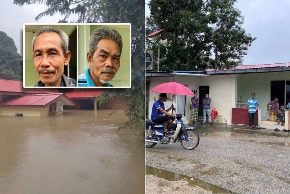 Surau Haji Abdullah, Kampung Serongga, Pasir Mas terletak di kawasan paling tinggi dan tidak pernah dinaiki air, namun semenjak pembinaan PLSB Sungai Golok ia ditenggelami banjir sehingga hanya kelihatan bumbung sahaja. Gambar kecil: Anuar dan Ramli