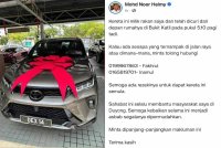 Kenderaan Muhammad Fakhrulhasan yang dicuri di hadapan rumah di Taman Merbok, Bukit Baru pada pagi Ahad. Hantaran Noor Helmy di akaun Facebook miliknya berhubung kehilangan kenderaan rakannya.