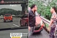 Tangkap layar video memaparkan Perodua Axia yang tular memandu secara melulu dan merbahaya dengan aksi zig-zag. Gambar kanan: Tangkap layar beberapa pengguna jalan raya menegur perbuatan lelaki terbabit (tengah) yang boleh membahayakan pengguna lain.