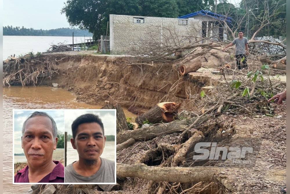 Keadaan tebing Sungai Kelantan di Kampung Pulau Pisang yang runtuh. (Gambar kecil: Syed Mohd, Mohd Nazrimi) Foto SINAR HARIAN ADILA SHARINNI WAHID 