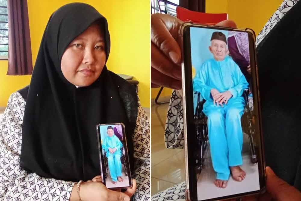 Roslina menunjukkan gambar Mohd Mahat yang dikhuatiri hilang selepas keluar dari rumahnya di Batu 4, Kampung Air Melintang di sini pada Isnin lalu.