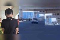 Kah Fei (kiri) dibawa ke Mahkamah Majistret Kuala Lumpur pada Rabu. Video tular (kanan) memaparkan kemalangan penunggang motosikal dan sebuah kereta.