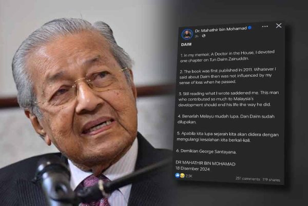 Tangkap layar hantaran Dr Mahathir menerusi Facebook pada Rabu.