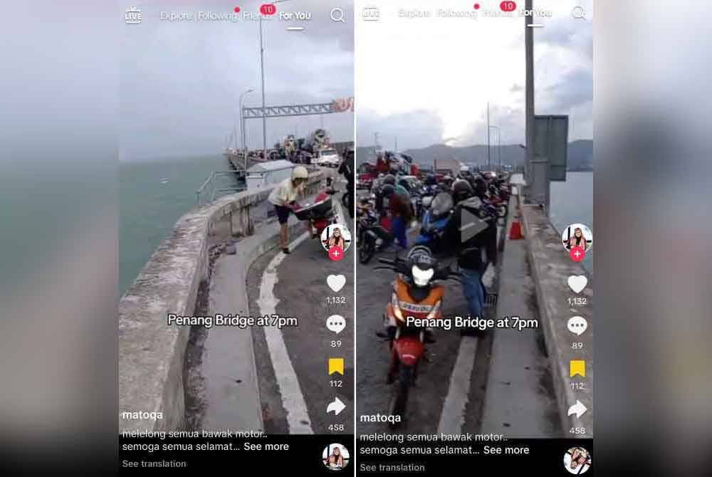 Sekumpulan penunggang motosikal tersadai di Jambatan Pulau Pinang gara-gara ribut.