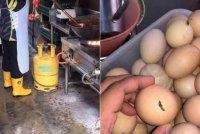 Beberapa pelanggaran serius terhadap standard kebersihan premis makanan telah dikesan dalam operasi MPHS. Gambar kanan: Tahi ayam di permukaan telur.