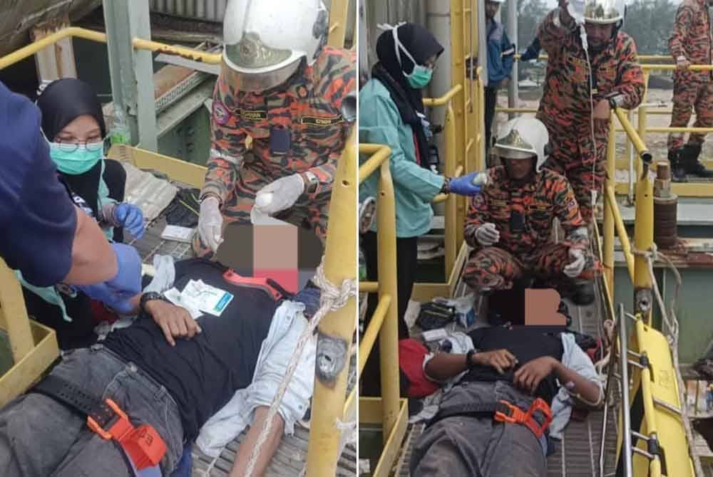 Mangsa parah akibat tertusuk besi di bahu kanannya selepas terjatuh dari sebuah pelantar. Foto Bomba