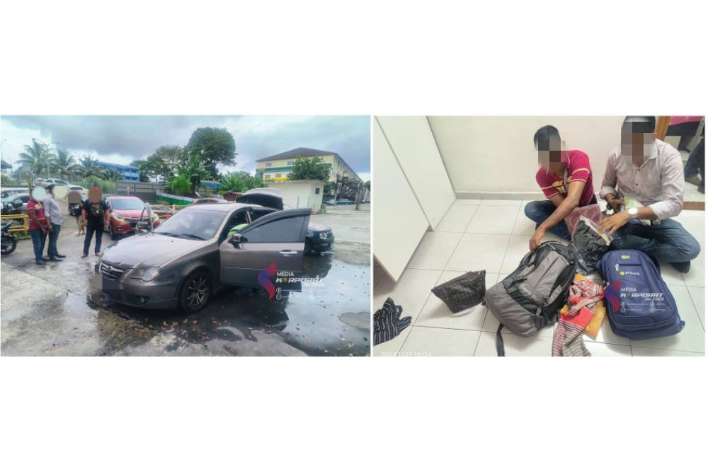 Dua lelaki warga Bangladesh yang disyaki terlibat sindiket penyeludupan migran diberkas dalam Ops Serkap di sebuah pangsapuri di Larkin Indah, pada Khamis. Foto JIM Johor