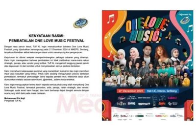 Konsert One Love Music Festival sepatutnya dijadualkan berlangsung pada esok, 21 Disember di MAEPS, Serdang terpaksa dibatalkan.