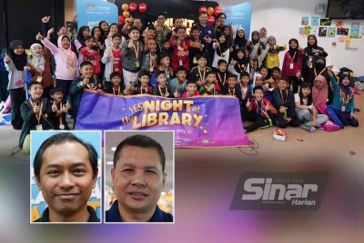 Peserta YES! Night at the Library bersama pasukan Akademi Pendidikan Sinar Bestari, Talent Corporation Malaysia Berhad dan Pustaka Tun Raja Uda bergambar kenangan pada majlis penutup yang diadakan pada Sabtu. - FOTO: SINAR HARIAN/ROSLI TALIB, gambar kecil dari kiri: Mas Muhammad Hakim, Mohamed Fadzli