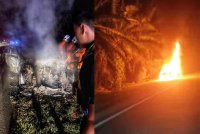 Sebuah kereta jenis Mercedes Benz C200 yang terbakar di Kilometer 10 Jalan Bera - Mayam pada Ahad. Foto PDRM