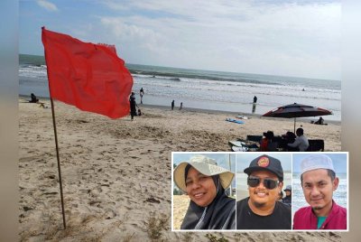 Pengunjung pantai mengaku peka dengan kibaran bendera merah di Pantai Pelindung membuatkan mereka lebih berwaspada ketika berada di pantai. Gambar kecil: Norihan, Khairul Hisyam dan Muhammad Shukri