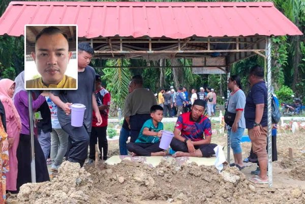 Anak sulung dan anak kedua Allahyarham menyiram air di pusara sebaik selesai pengebumian di Tanah Perkuburan Islam Felcra Changkat Lada pada Isnin. (Gambar kecil: Muhammad Taufik)