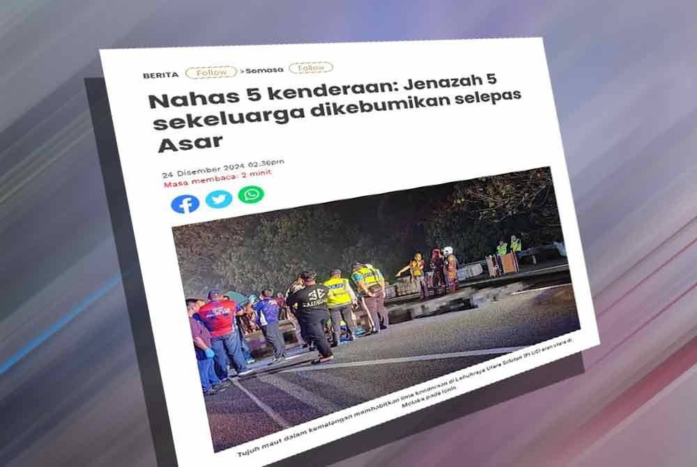 Laporan Sinar Harian berhubung nahas 5 kenderaan di Melaka.