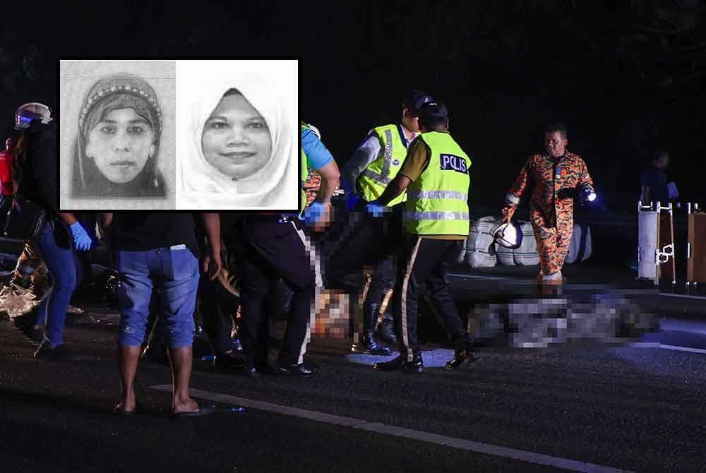 Anggota polis mengumpulkan mayat mangsa yang maut dalam nahas kemalangan yang berlaku di Lebuhraya Utara-Selatan sebelum Hentian Rehat dan Rawat Ayer Keroh menuju Arah Utara. (Foto Bernama). Gambar kecil: Lamrah dan Fauziah