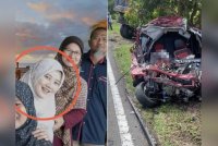 Nur Ain Fitriah (dua dari kiri) yang bergambar dengan ahli keluarganya sebelum ini. Gambar kanan: Keadaan kenderaan mangsa yang remuk selepas terbabit kemalangan.