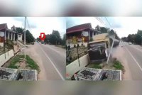 Tangkap layar rakaman CCTV menyaksikan sebuah treler cuba mengelak motosikal yang keluar dari simpang secara tiba-tiba.