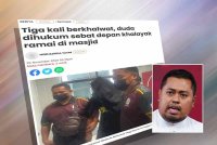 Laporan Sinar Harian mengenai keputusan hukuman sebat depan khalayak ramai di masjid terhadap duda selepas didapati bersalah berkhalwat. Gambar kecil: Nazrul Nazir