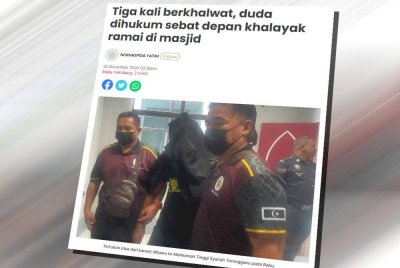 Seorang duda menjadi lelaki pertama dijatuhi hukuman enam sebatan depan khalayak ramai di sebuah masjid di Terengganu atas kesalahan khalwat berulang.