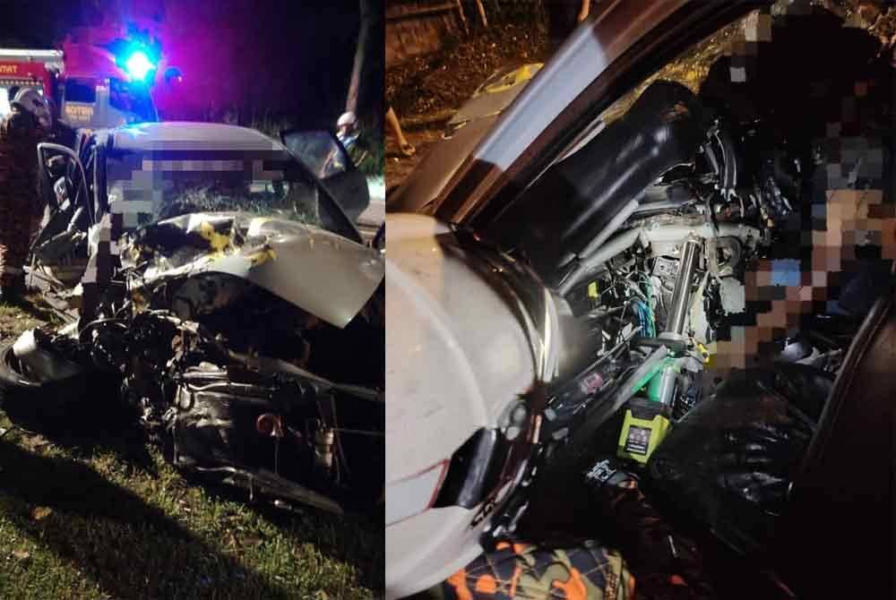 Dua lelaki maut dalam kemalangan membabitkan sebuah kereta dan lori di Jalan Pontian Lama, berhampiran bulatan Taman Desa Skudai pada awal pagi Khamis. Foto JBPM