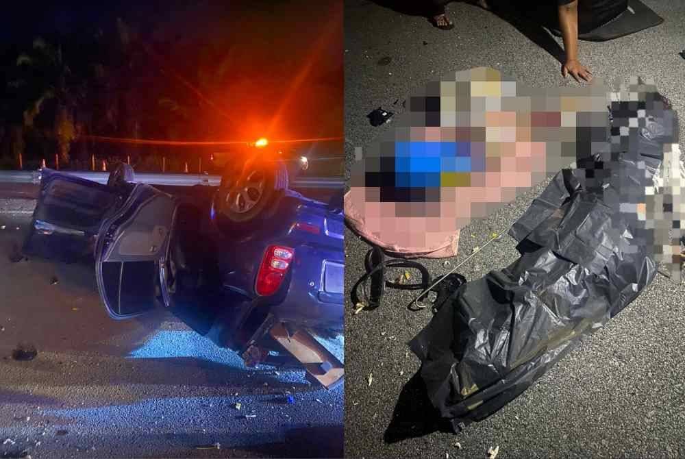 Kereta Perodua Kelisa dinaiki empat sekeluarga terbalik akibat hilang kawalan ketika melalui KM212.3, Lebuh Raya WCE dekat Sitiawan. Foto ihsan Bomba Perak