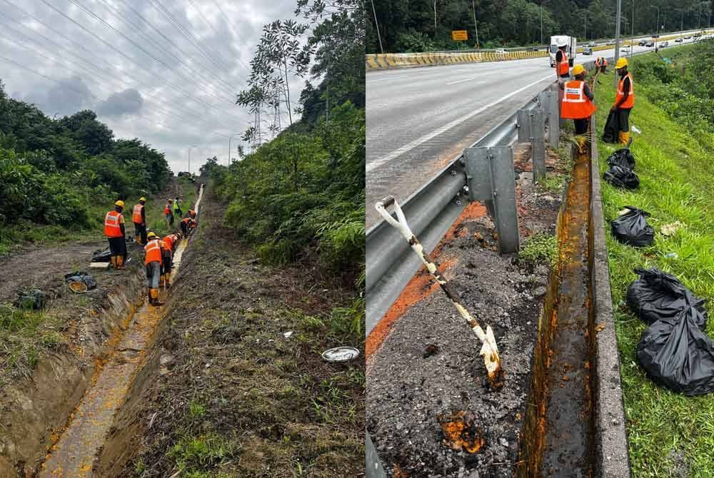 Kerja-kerja pembersihan tumpahan minyak di KM 27.9 Lebuhraya Karak arah Kuala Lumpur dijangka selesai sepenuhnya lewat petang ini. Foto Facebook Lembaga Urus Air Selangor