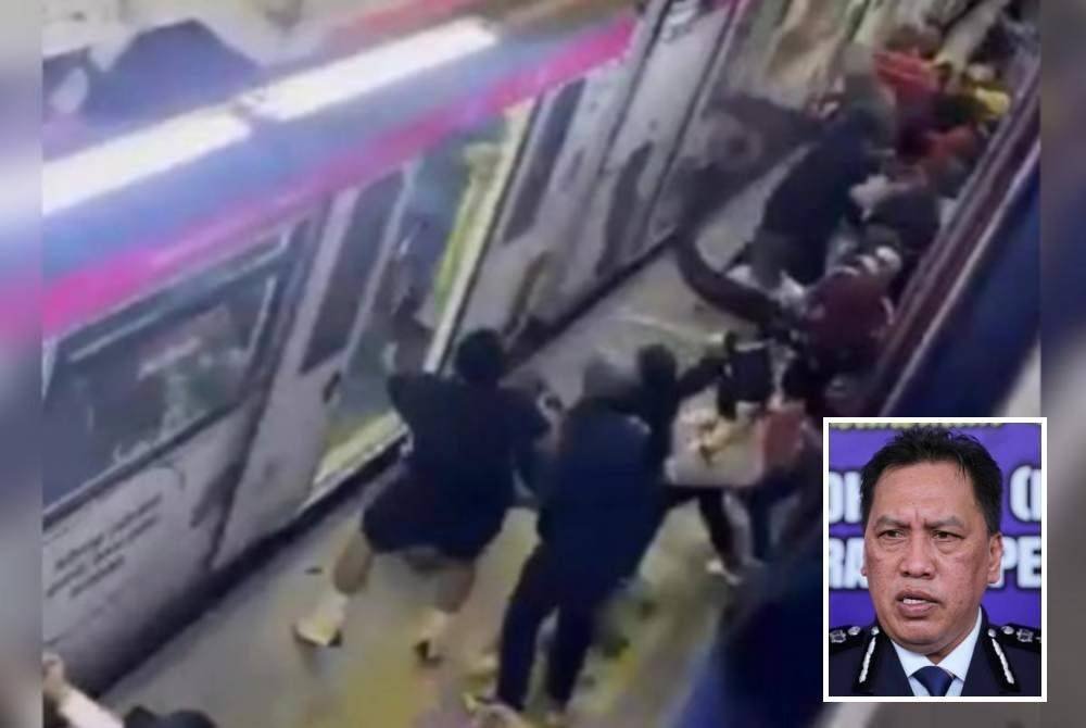 Tangkap layar menunjukkan kumpulan penyokong bola sepak bergaduh di Stesen LRT Bandar Tasik Selatan. Foto Media sosial (Gambar kecil: Rusdi)