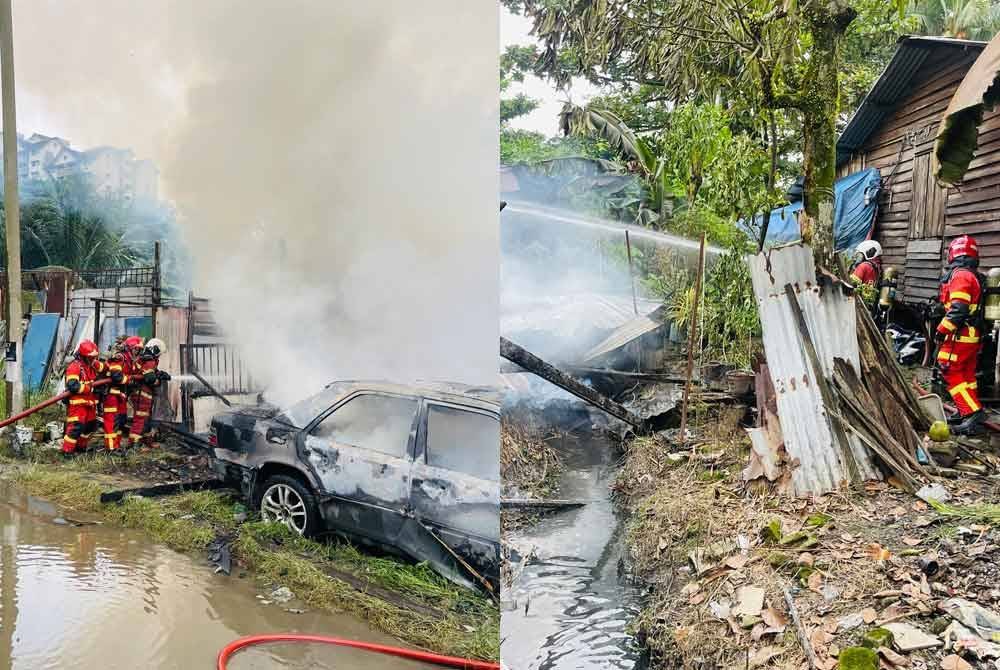 Anggota Bomba dan Penyelamat sedang memadamkan kebakaran rumah dan kereta yang terbakar di Kampung Chubadak pada Khamis.