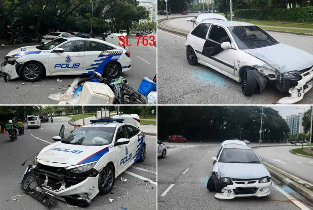 Keadaan kereta peronda polis dan kereta dinaiki suspek yang mengalami kerosakan. Foto PDRM