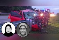 Kereta Perodua Myvi dinaiki empat pelajar UTeM dalam perjalanan dari Johor ke Melaka remuk selepas terlibat kemalangan. Gambar kecil dari kiri: NurHanis Afryna Azizan, Nurul Syafiqah Nasruddin