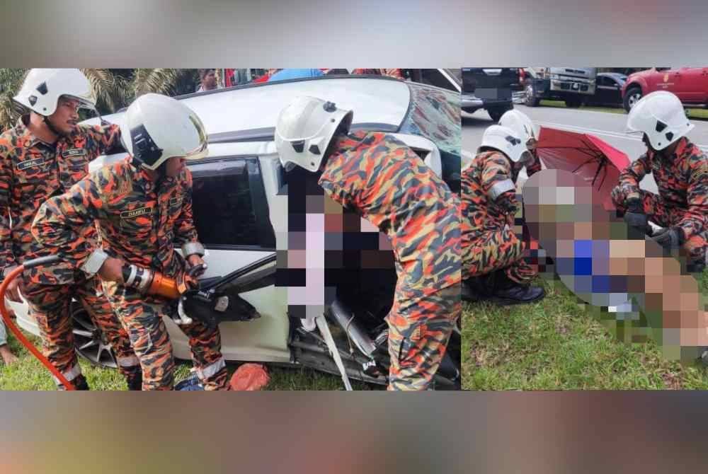 Anggota bomba membantu menyelamatkan mangsa yang terlibat dalam kemalangan di Jalan Mersing Nitar dekat Felda Nitar 1 pada petang Sabtu. Foto BBP Mersing